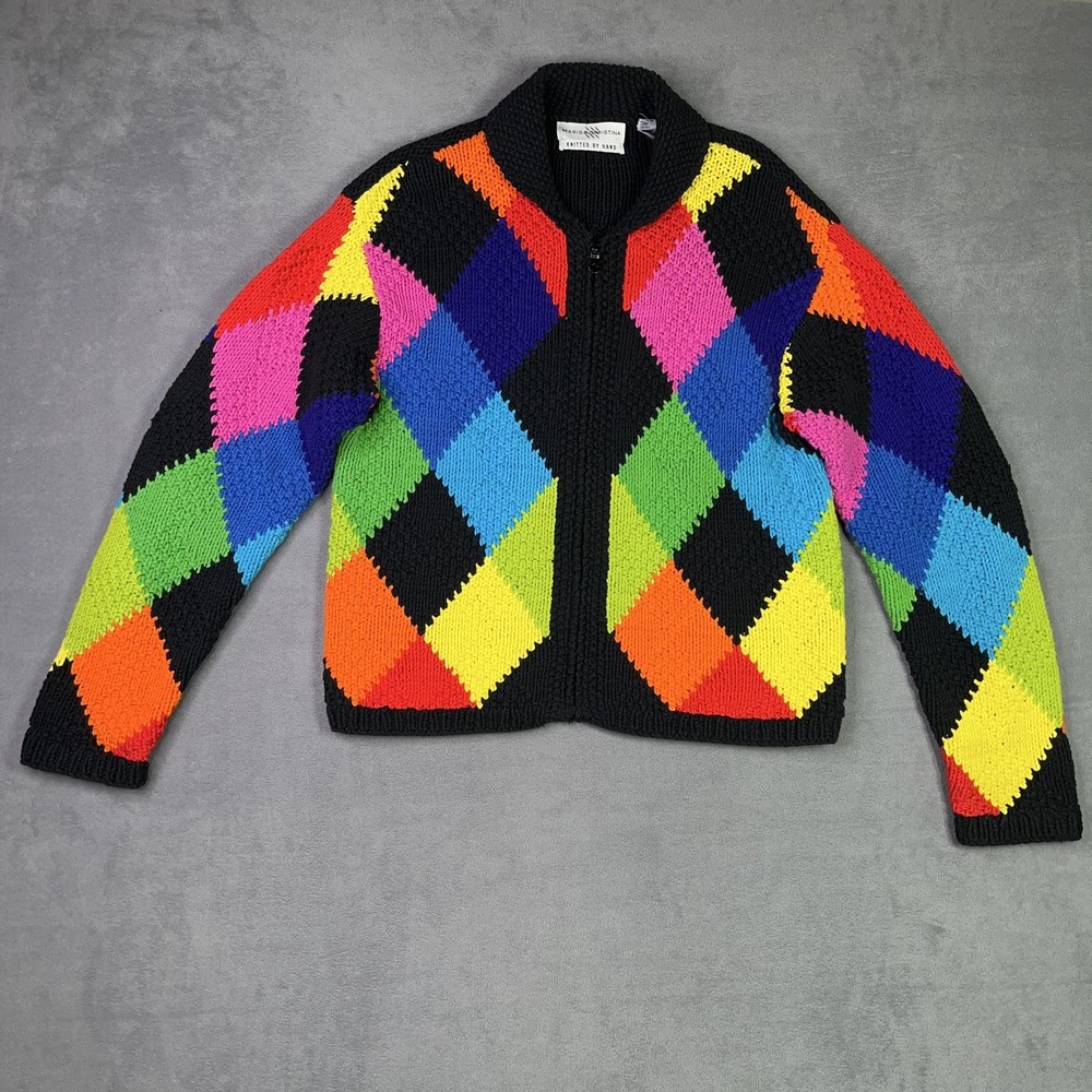 Marisa Christina Sweater Womens Medium Hand-Knit Argyle Black Rainbow Zip Front